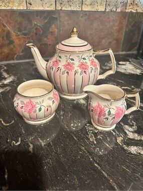 Pink Rose Porcelain Tea Set - Teapot, Creamer & Sugar Bowl